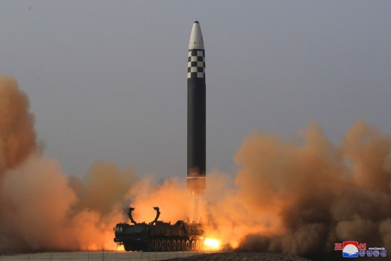 Photo provided by Korean Central News Agency (KCNA) on March 25, 2022 shows the test launch of a new type intercontinental ballistic missile (ICBM) Hwasongpho-17 of the Democratic People's Republic of Korea (DPRK) strategic forces.