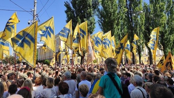 A rally of the Azov Regiment in Kyiv, Ukraine, 2019.
