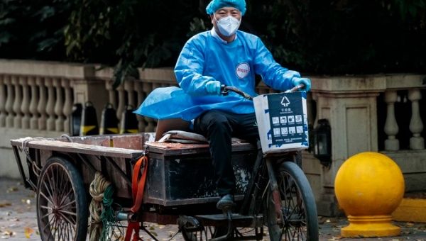 A maintenance worker in Shanghai, China, on April 11, 2022.