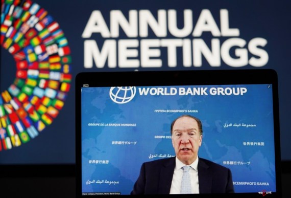 World Bank Group President David Malpass speaks at a virtual news conference during the annual meetings of the World Bank Group and the International Monetary Fund (IMF) in Washington, D.C., the United States, on Oct. 14, 2020.