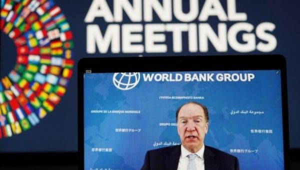World Bank Group President David Malpass speaks at a virtual news conference during the annual meetings of the World Bank Group and the International Monetary Fund (IMF) in Washington, D.C., the United States, on Oct. 14, 2020.