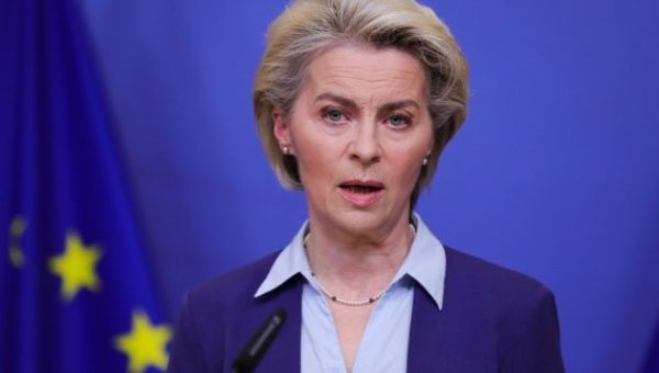  European Commission President Ursula von der Leyen makes a statement on the Ukraine issue in Brussels, Belgium, on Feb. 22, 2022.