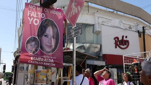 View of banners displaying images of disappeared girl Esmeralda Castillo, Juarez City, Mexico, May 19, 2022.