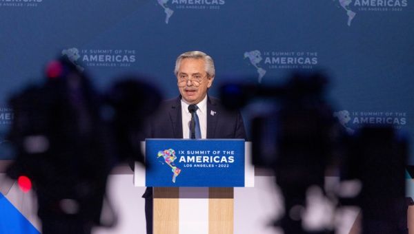 Photograph provided by the Argentine Presidency of the president, Alberto Fernández, during a speech at the Summit of the Americas