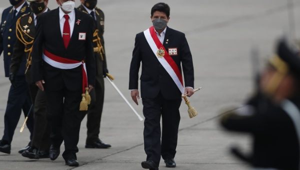 Peruvian President Pedro Castillo attends the military parade on the occasion of the national holidays today, at the Army headquarters in Lima (Peru). The country celebrates the 201st anniversary of its Independence.