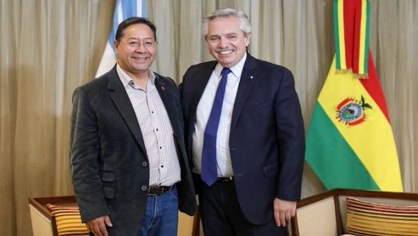 Presidents of Bolivia, Luis Arce, and Argentina, Alberto Fernández, during their meeting in Colombia. Aug. 07, 2022.