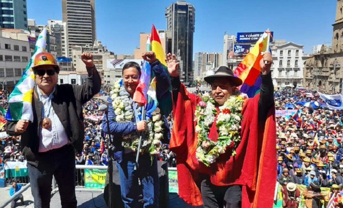 Evo Morales (L), Luis Arce (C), and Juan Carlos Huarachi (R), La Paz, Bolivia, Aug. 25, 2022.