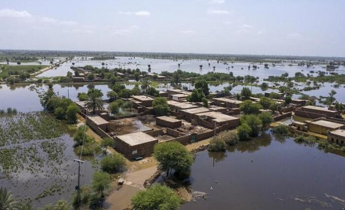 View of a flooded residential area in Sindh Province, Pakistan, Sept. 2, 2022..