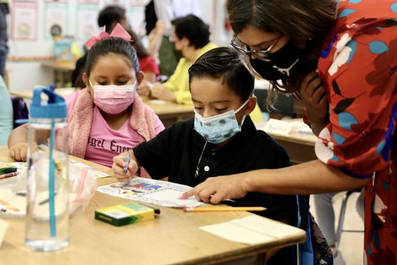 Students and their teacher of Montrara Ave. Elementary School are seen in their in-person class in Los Angeles, California, the United States, on Aug. 16, 2021.