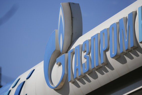 The logo of Russia's energy giant Gazprom is seen at a petrol station in Moscow, Russia, on April 28, 2022.