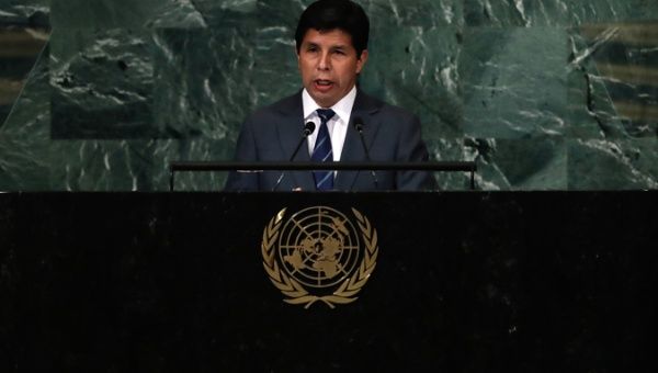 President of Peru, Pedro Castillo Terrones  delivers his address during the 77th General Debate inside the General Assembly Hall at United Nations Headquarters in New York, New York, USA, 20 September 2022.