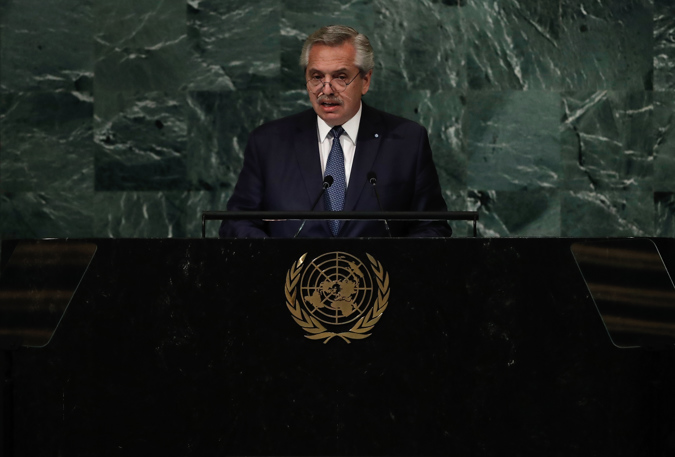 President of the Argentine Republic, Alberto Fernandez delivers his address during the 77th General Debate inside the General Assembly Hall at United Nations Headquarters in New York, New York, USA, 20 September 2022.