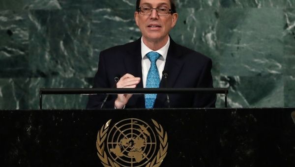 Minister for Foreign Affairs of Cuba, Bruno Eduardo Rodriguez Parrilla delivers his address during the 77th General Debate inside the General Assembly Hall at United Nations Headquarters in New York, New York, USA, 21 September 2022.