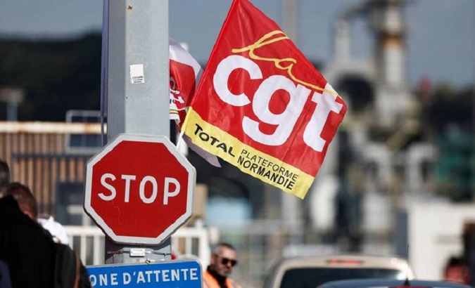 CGT flag at the TotalEnergies refinery in Gonfreville-L'Orcher, Seine-Maritime, France.