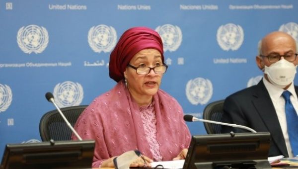 United Nations Deputy Secretary-General Amina Mohammed (L) speaks on the launch of 