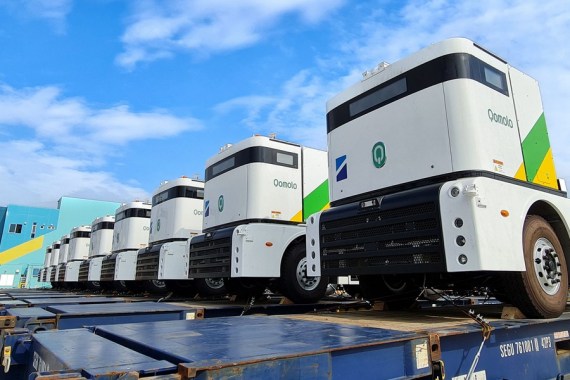 This photo taken on Oct. 19, 2022 shows the autonomous Q-Trucks at the Laem Chabang Port in Chonburi Province, Thailand.