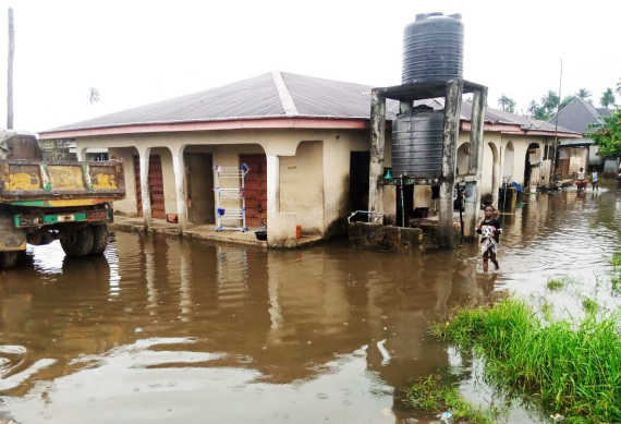Photo taken on Oct. 9, 2022 shows flooded houses in the Ahoada West area of Rivers state, south Nigeria.
