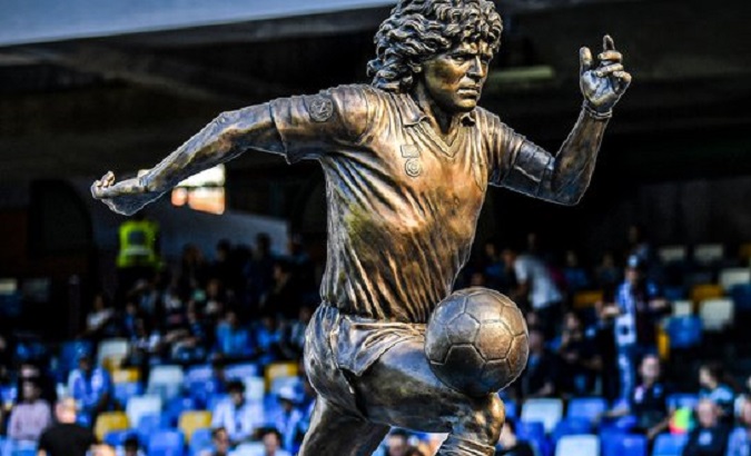 A statue of Diego Maradona in Naples, Italy, 2022.