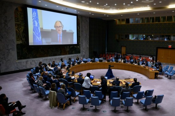 Geir Pedersen (on the screen), the UN's special envoy for Syria, briefs a Security Council meeting on the humanitarian situation in Syria via a video link at the UN headquarters in New York, on Oct. 25, 2022.