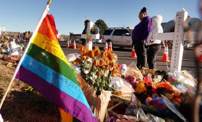 A makeshift memorial for the Club Q mass shooting victims, Colorado Springs, Colorado, U.S., 2022.