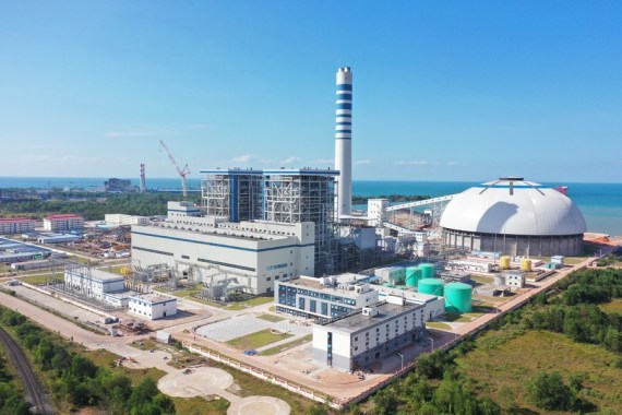 This aerial photo taken on Dec. 16, 2022 shows the Huadian Preah Sihanouk 2×350 MW Coal-fired Power Plant in Preah Sihanouk province, Cambodia.