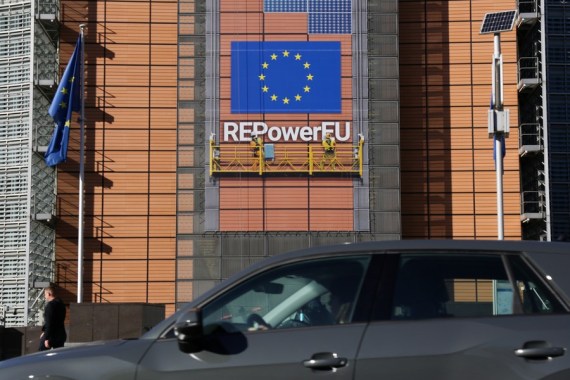 A vehicle passes the building of the European Commission in Brussels, Belgium, Oct. 18, 2022.