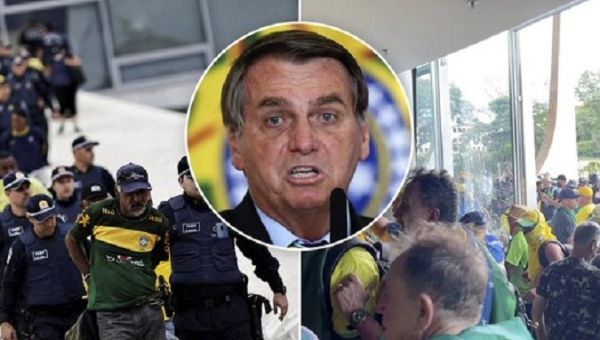 Jair Bolsonaro (C) and images related to the far-right assault on public buildings in Brasilia, Jan. 8, 2023.