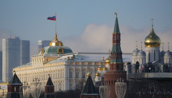 Russian national flag waves at the Kremlin in Moscow, Russia, Jan. 6, 2023.