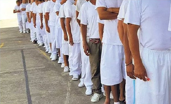 Inmates line up in a Salvadoran jail, 2022.