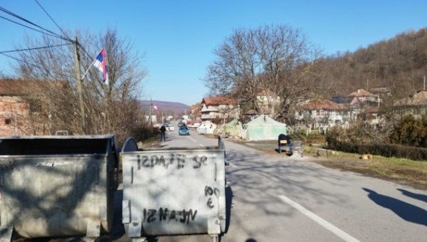A view of roadblock is seen in Rudare village, near the city of Mitrovica, north Kosovo on Dec. 29, 2022.