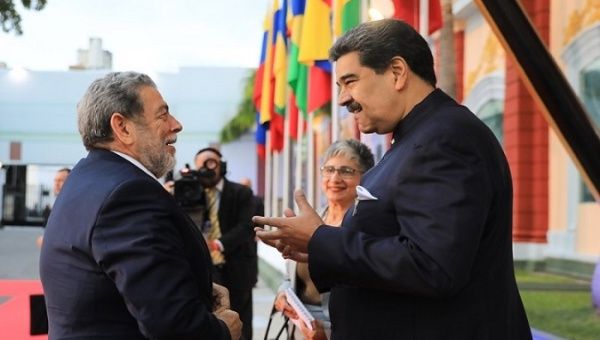President Nicolas Maduro (R) and Saint Vincent & the Grenadines Prime Minister Ralph Gonsalves (L), Caracas, Venezuela, Feb. 7, 2023.