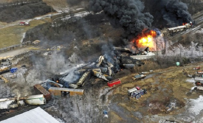 Site of a derailed freight train in East Palestine, Ohio, U.S., Feb. 2023.