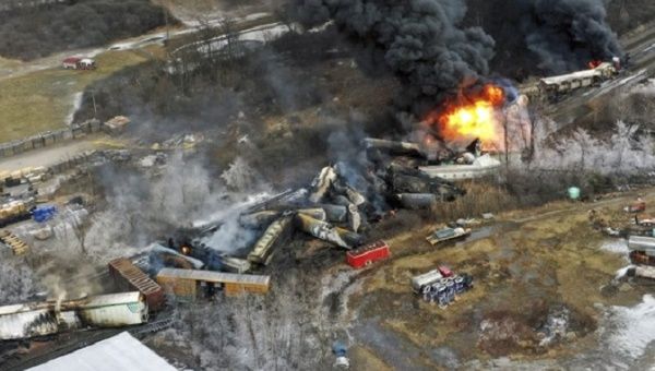 Site of a derailed freight train in East Palestine, Ohio, U.S., Feb. 2023.