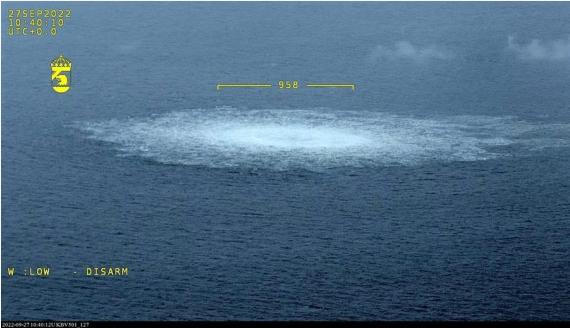 Aerial photo provided by the Swedish Coast Guard on Sept. 27, 2022 shows the gas leak from Nord Stream in the Baltic Sea.