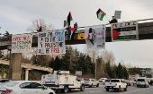 Palestine supporters dropped banners on Highway 1 in Vancouver, Canada, Feb. 26, 2023.