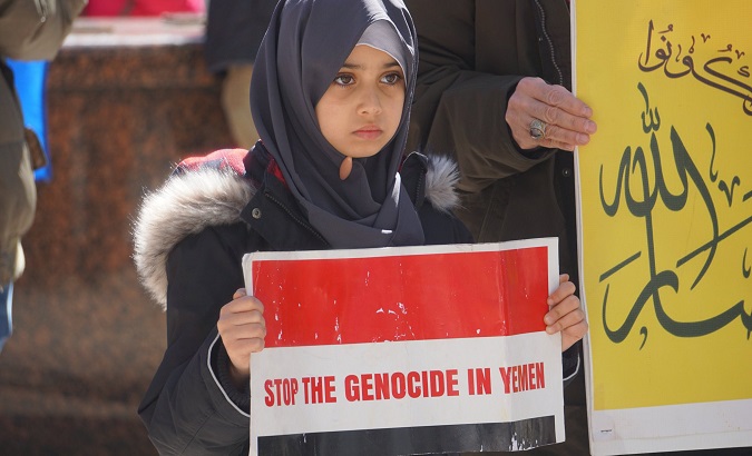 A rally against the war in Yemen held in Canada, March 26, 2023.