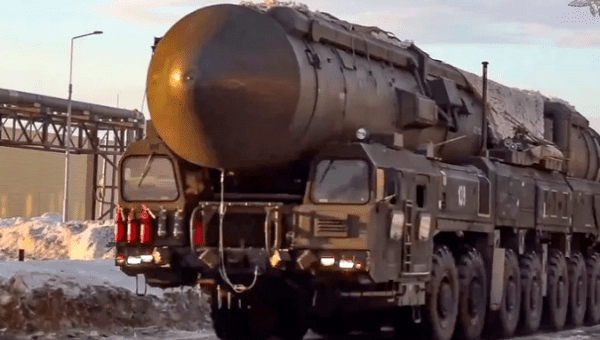 Military truck transports a ballistic missile.