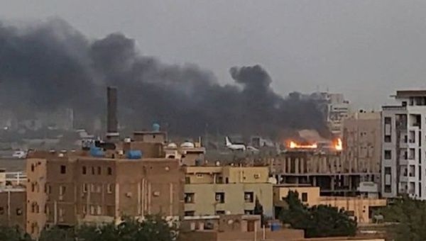 Fire after airstrike in Khartoum airport, April 17, 2023.