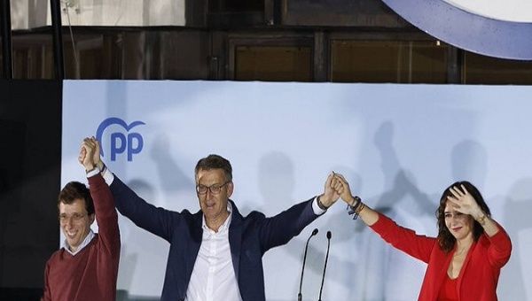 Alberto Núñez Feijóo (President of the PP), accompanied by Isabel Díaz Ayuso (President of the Community of Madrid and candidate for re-election) and José Luis Martínez -Almeida (Mayor and candidate for re-election) at the PP headquarters, in Madrid. May. 29, 2023.