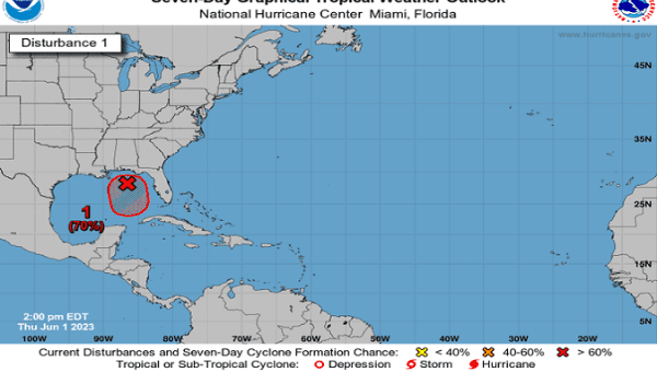 Tropical Depression Two, located over the northeastern Gulf of Mexico. Jun. 1, 2023. 