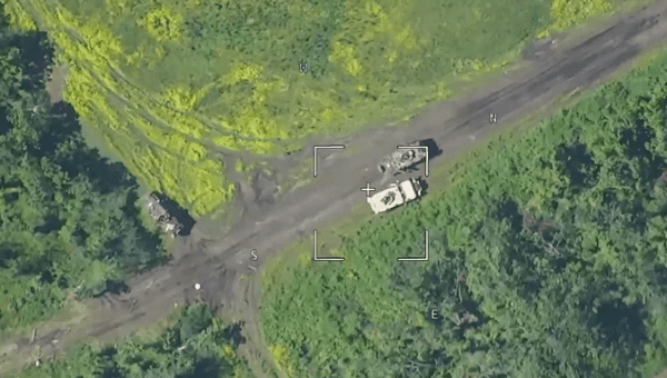 Ukrainian armored vehicles about to be destroyed by Russian artillery, June 8, 2023.