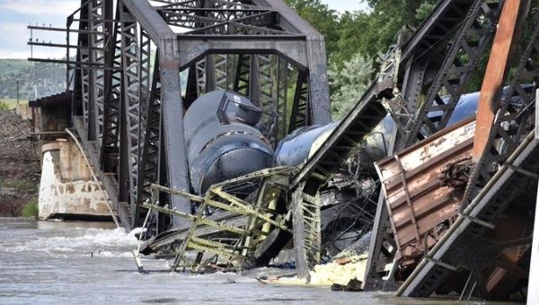 Crashed train cars on Yellowstone River, Montana, U.S., June 25, 2023.