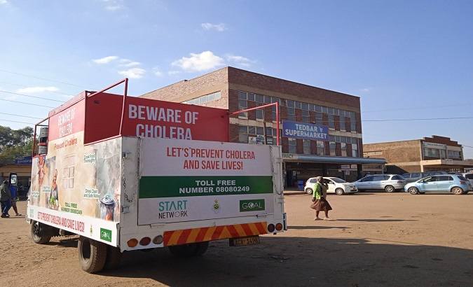 Cholera awareness sign in a truck in Cases Zimbabwe. Jun. 30, 2023.