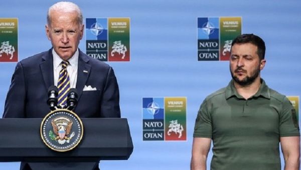 U.S. President Joe Biden (L) & Ukrainian President Volodymyr Zelensky (R), July 2023.