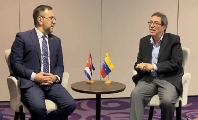 Ministers of Foreign Affairs of Venezuela, Yván Gil (left), and Cuba, Bruno Rodríguez (right) in meeting in Brussels. Jul. 17, 2023.