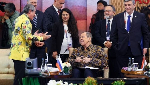 Russian FM Sergey Lavrov (C) at the ASEAN meeting, July 14, 2023.