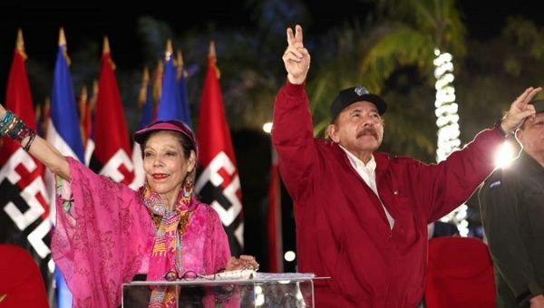 President Daniel Ortega (R) & Vice President Rosario Murillo (L), July 19, 2023.