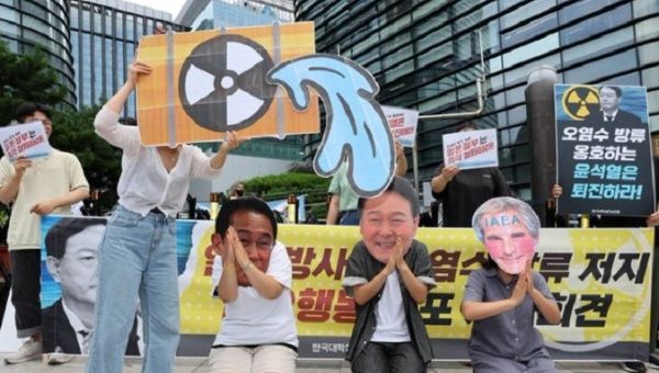South Koreans protest against Japan's plan to discharge radioactive water, Seoul, July, 2023.