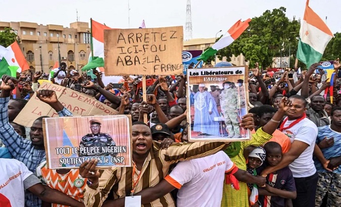 Thousands demonstrate in support of military coup in Niger's capital, Niamey. Aug. 21, 2023.