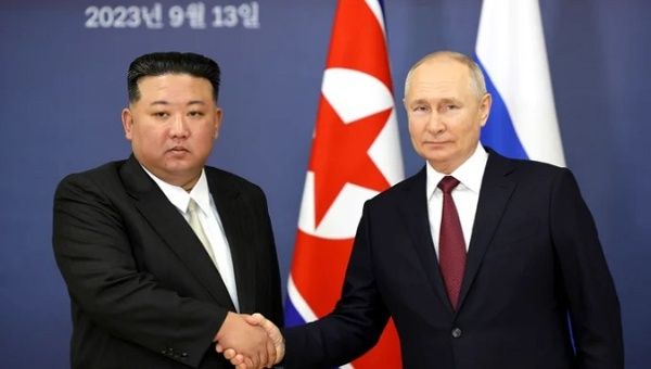 DPRK Kim Jong Un (L) & Russian President Vladimir Putin (R), Sept. 13. 2023.